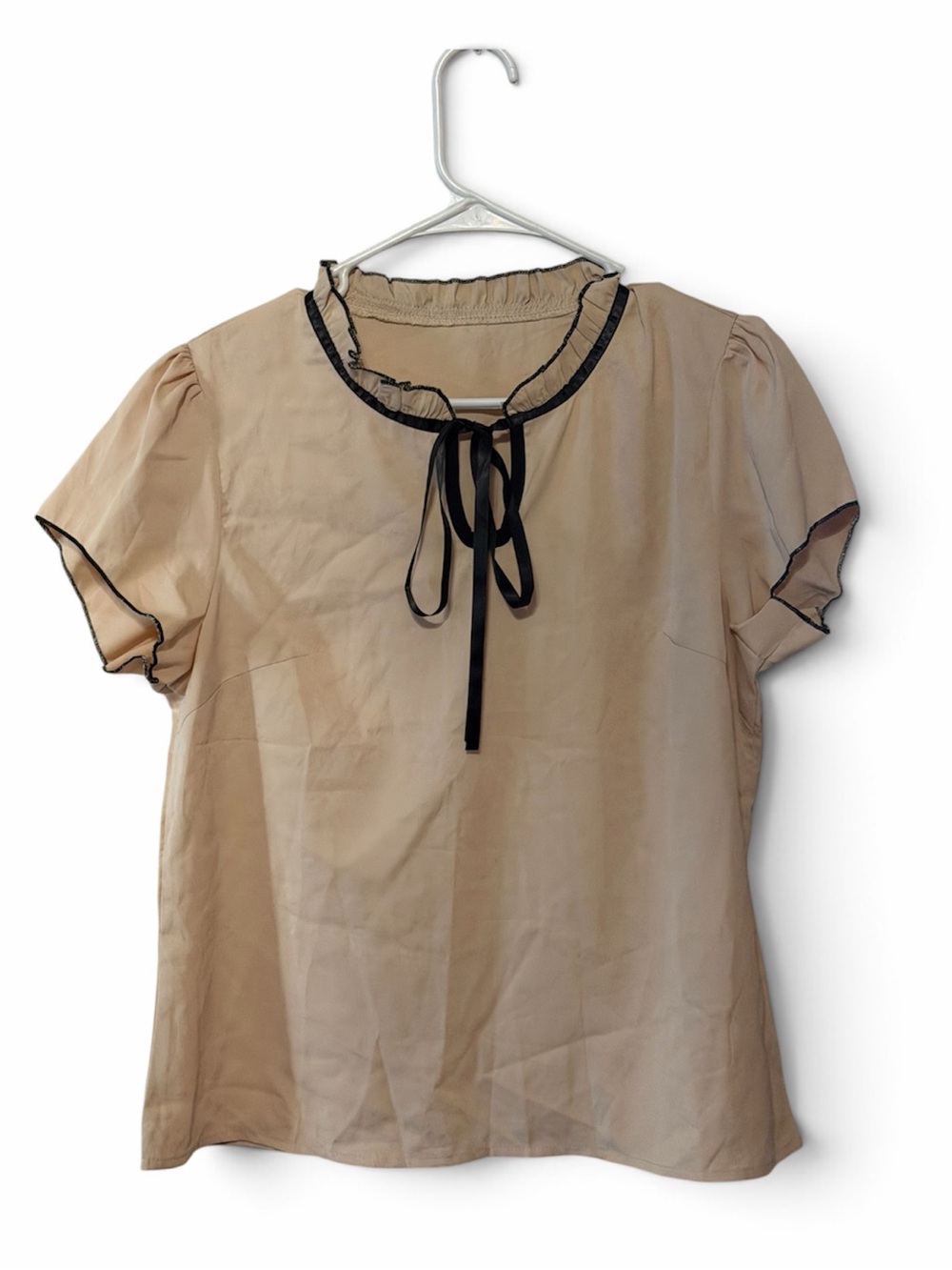 SHEIN Clasi Beige Contrast Trim Tie Neck Blouse Puff Sleeve Top Large